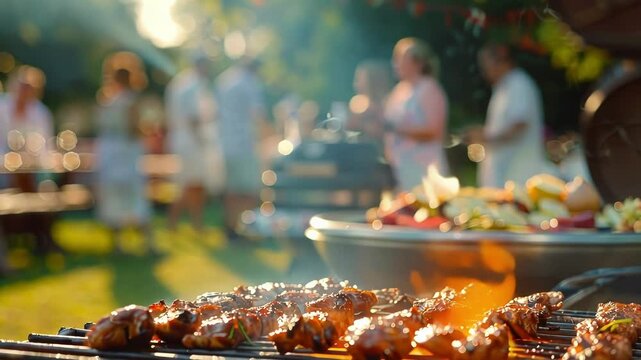 Hazy background of a bustling barbecue party with the smell of charcoal and mouthwatering food lingering in the air.