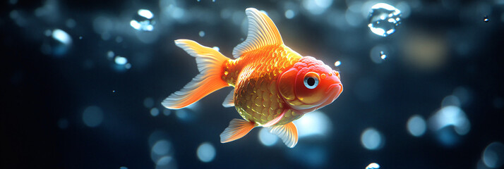 Fototapeta premium A glowing goldfish icon surrounded by aquatic habitat data, representing online aquarium management platforms, smart care tools, and digital conservation initiatives. 