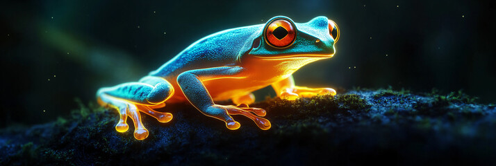 Obraz premium A glowing habitat restoration icon featuring a glowing tree frog, representing online conservation platforms focused on ecological recovery. 