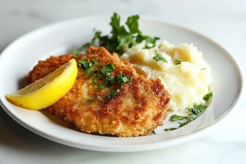 A golden milanesa cutlet served on a white plate with mashed potatoes and a lemon wedge.