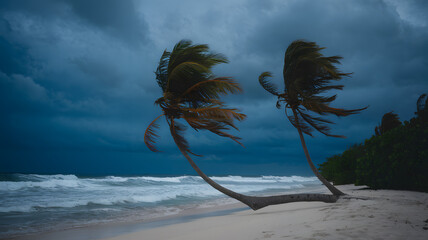 Palm trees swaying in strong wind under a stormy sky with visible lightning.