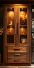 Illuminated Walnut Wood Display Cabinet with Glass Doors and Drawers.
