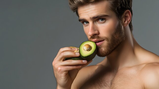handsome, fit man holding Avocados in his hand, eating and chewing the fruit while looking at it. He is standing isolated in a studio setting.