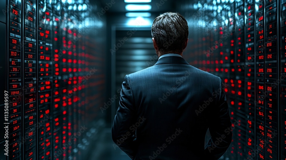 Poster digital security guard blocking hacker s attempt to infiltrate encrypted data vault for cyber defens