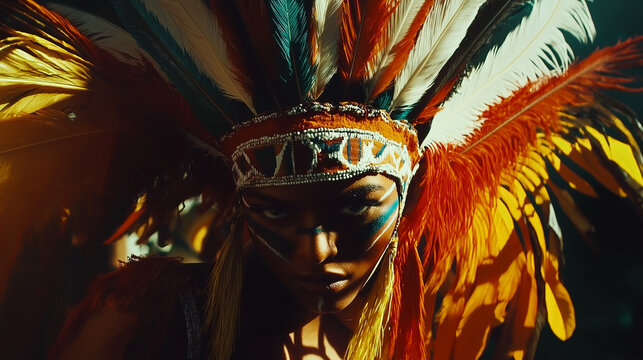 Elaborate feathered headdress worn at a Carnival event.