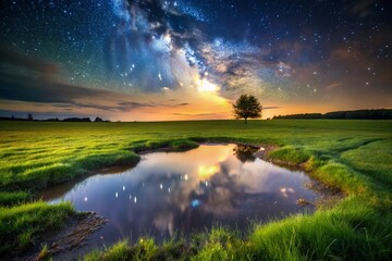 Night Photography of a Muddy Field with a Central Puddle Surrounded by Lush Grass Under a Starry Sky, Capturing the Tranquil Beauty of Nature at Night