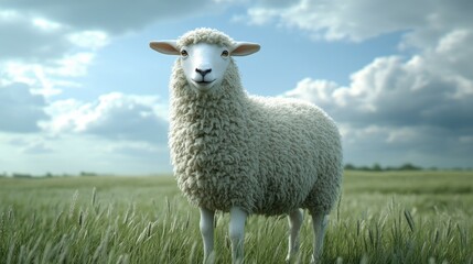 Fototapeta premium A Fluffy Sheep in a Verdant Meadow Under a Cloudy Sky