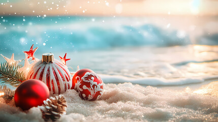 Beachy christmas background with long exposure waves and festive decor for holiday vibes. Blissful. Illustration