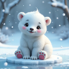 Adorable little polar bear cub sitting on ice under gently falling snowflakes in a winter setting
