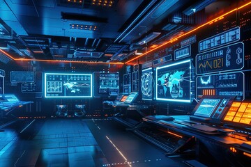 Fototapeta premium Futuristic room with many computer monitors and a large screen