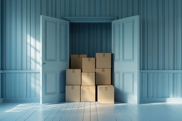 Cardboard boxes stacked in empty room.