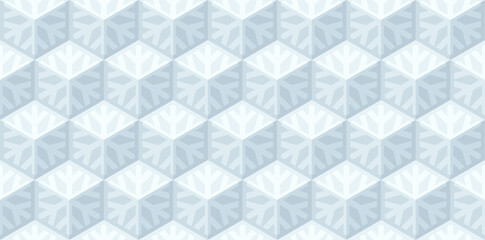 Winter seamless vector 3D pattern with blue snowflakes and optical illusions. Christmas illustration for wrapping, cards, fabric, packing. 3D geometric design. Modern wallpapers.