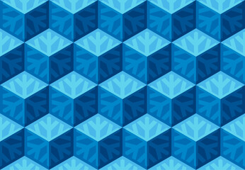 Winter seamless vector 3D pattern with blue snowflakes and optical illusions. Christmas illustration for wrapping, cards, fabric, packing. 3D geometric design. Modern wallpapers.