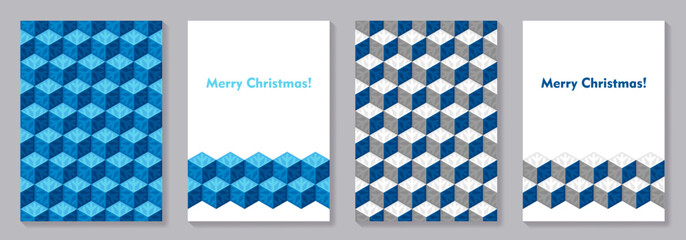 Winter set of cover design template with blue snowflakes and 3D pattern for cover, brochure, catalog, menu design, flyer, cards, social media, poster. Modern Christmas 3D geometric illustration. 