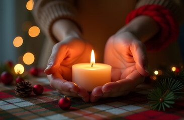 A first-person view of hands holding Christmas candles on a festive wreath, creating a warm and cozy holiday atmosphere