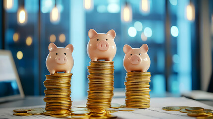 Three Adorable Piggy Banks Standing Tall Among Stacks of Shiny Gold Coins Symbolizing Financial Growth and Savings Potential