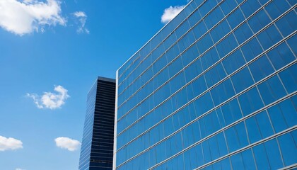 Fototapeta premium Modern Glass Skyscrapers Under a Bright Blue Sky: Architectural Marvel in Urban Landscape