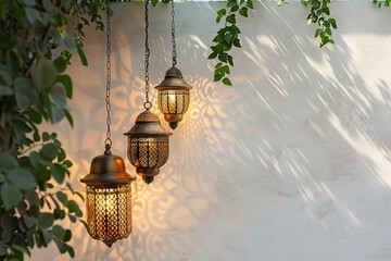 Three hanging lanterns with a white wall in the background