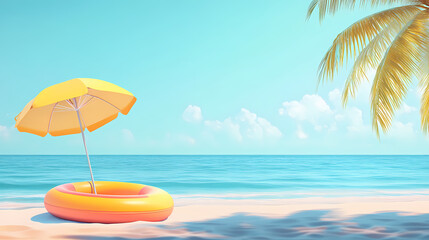 Colorful beach umbrella and floating tube for relaxing summer vacation. Blissful. Illustration