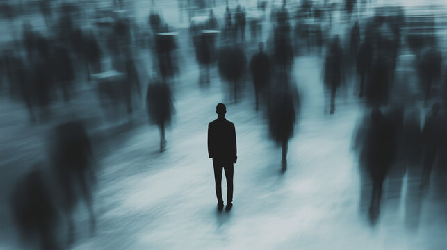 Solitary figure amidst blurred crowd: concept of loneliness and isolation in modern society