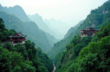 Serene Mountain Temples Nestled Among Lush Green Forests and Valleys