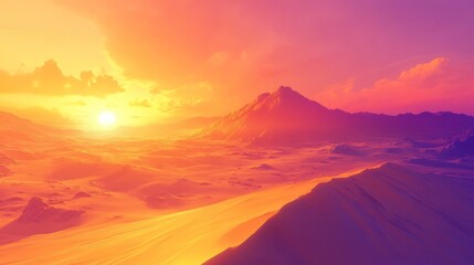 Fototapeta premium A vibrant sunset over a vast desert landscape with mountains in the background.