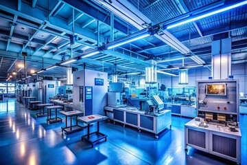 Fototapeta premium Nighttime Interior of a Semiconductor Manufacturing Facility with Advanced Machinery and Computers Illuminated in Blue Hues, Showcasing High-Tech Production Environment