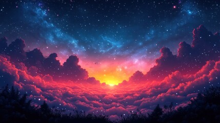 Naklejka premium A vibrant sunset over clouds, showcasing a starry sky and colorful atmosphere.