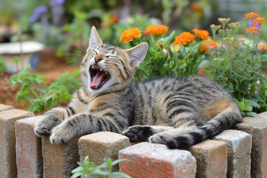 Yawning striped kitten resting on brick border with vibrant flowers and greenery in the garden