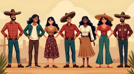 Fototapeta premium Illustration of Cultural Diversity in Mexico. Group of mexican people.