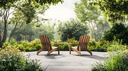 Obraz premium Wooden Chairs Facing Serene Garden Landscape