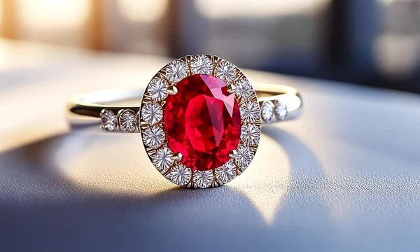 Oval Ruby and Diamond Halo Engagement Ring on Display