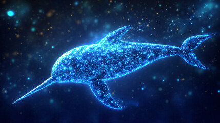 A glowing ocean sports icon featuring a glowing narwhal, representing online platforms studying marine athleticism and survival strategies. 