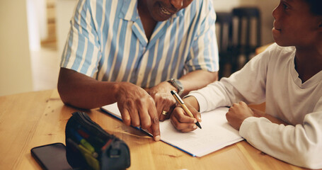 Studying, help and child with dad, hands and support for son, growth and development with...