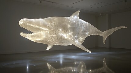 Illuminated wire shark sculpture in gallery.