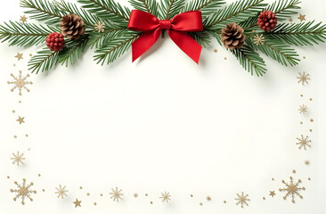 A charming Christmas wreath crafted from pine branches, cones, and red ribbons decorates the upper part of the card.