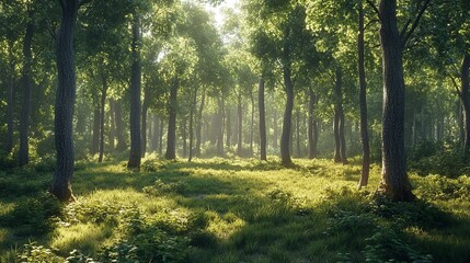 Fototapeta premium Serene forest scene with sunlight filtering through tall trees, casting a warm glow on the lush green grass below.