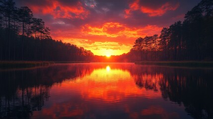 Obraz premium A vibrant sunset reflecting on a tranquil lake surrounded by trees.