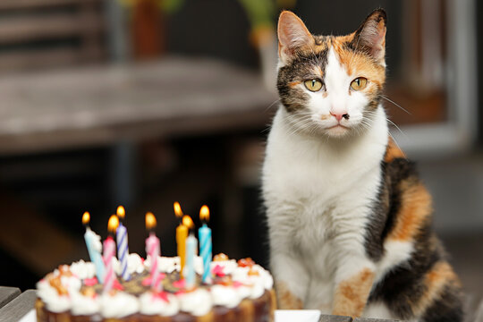 A calico cat celebrating its birthday with a cake and candles in a festive indoor setting - Powered by Adobe