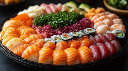 A vibrant sushi platter showcasing various types of sushi and sashimi for sharing.
