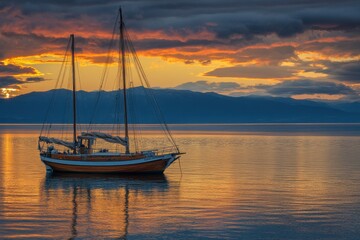 Naklejka premium Serene Sunset over the Lake with a Wooden Sailboat