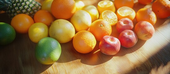 Vibrant Citrus and Fruit Still Life: A Sunlit Tabletop Arrangement