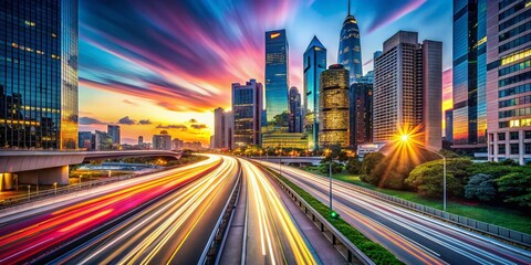 Obraz premium Optimizing the Dawn of a New Era in Technology with Long Exposure Capturing Dynamic Light Trails and Futuristic Cityscapes, Symbolizing Innovation and Connectivity in a Digital World