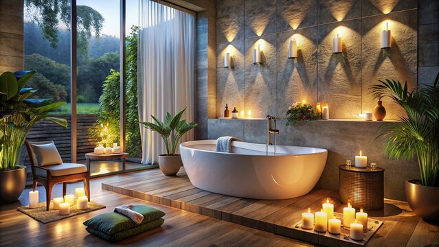 Opulent Luxury Bathroom Featuring a Serene Waterfall, Ambient Candles, Elegant Bathtub, and Stylish Decor for an Indulgent Spa-Like Experience at Home
