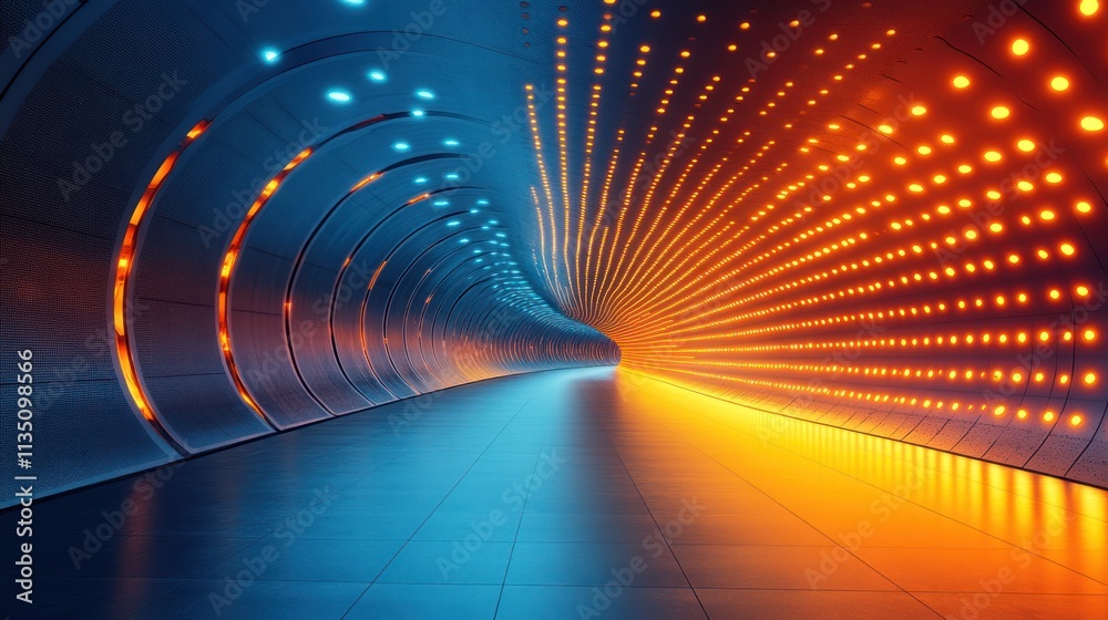 Poster A vibrant tunnel with blue and orange lights creating a dynamic visual effect.