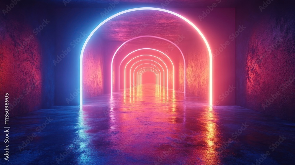 Poster a vibrant tunnel with glowing neon arches reflecting on a wet surface.