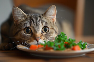 Cute striped cat with curious eyes on table near parsley plate of food