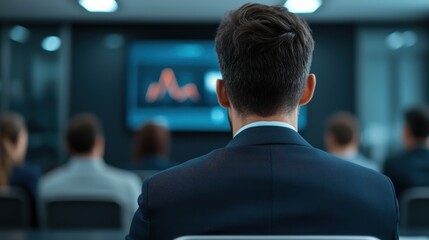 Professional Man Observing Business Presentation in Modern Conference Room with Data Insights on Screen and Engaged Audience in Background