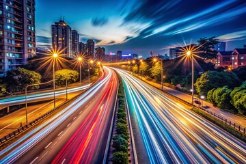 Fototapeta premium Panoramic Capture of Vibrant Light Trails on a Dark Night, Showcasing Intense Road Movement and Dynamic Urban Atmosphere for Stunning Visual Appeal