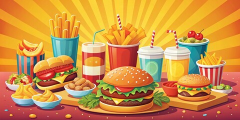 Panoramic Flat Style Illustration of a Vibrant Fast Food Scene Featuring Burgers, Fries, Drinks, and Snacks Against a Colorful Background for Food Lovers and Restaurants